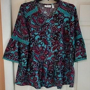 Denim & Co V Neck Flounce Sleeve Peplum Hem Blouse Blue Floral Fairy Boho XS
